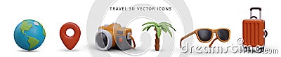 Travel 3D icons set with shadows. Collection of signs on theme of travel Vector Illustration