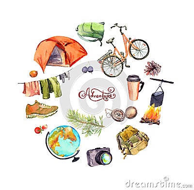 Travel design, tourist poster. Tent, camp fire, pot, cup, compass, bicycle, backpack, other touristic elements. Hand Stock Photo