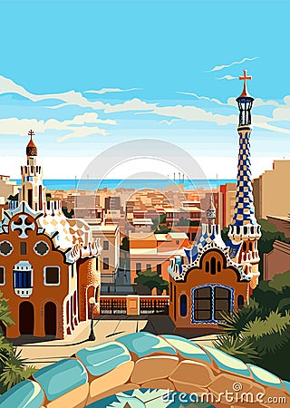 Travel Destination in Barcelona Spain vintage print. holidays concept Vector Illustration