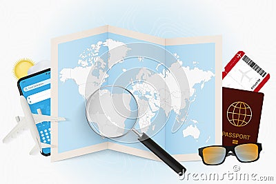 Travel destination Brazil, tourism mockup with travel equipment and world map with magnifying glass on a Brazil Vector Illustration