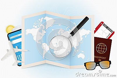 Travel destination Central African Republic, tourism mockup with travel equipment and world map with magnifying glass on a Central Vector Illustration
