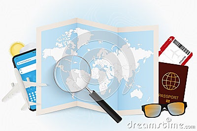 Travel destination Colombia, tourism mockup with travel equipment and world map with magnifying glass on a Colombia Vector Illustration