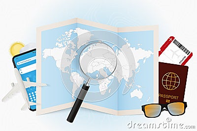 Travel destination Liechtenstein, tourism mockup with travel equipment and world map with magnifying glass on a Liechtenstein Vector Illustration