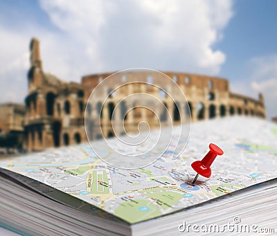 Travel destination Rome map push pin blur Stock Photo