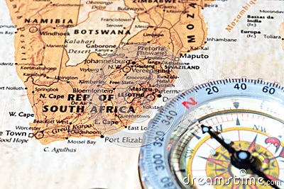 Travel destination South Africa, ancient map with vintage compass Stock Photo