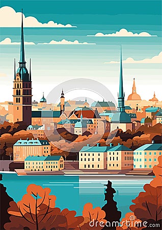 Travel Destination in Stockholm Sweden vintage print. holidays concept Vector Illustration