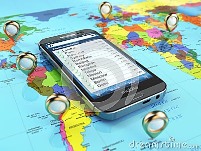 Travel destination and tourism concept. Smartphone on world map Stock Photo