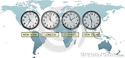 Travel Earth city time clocks on world map Vector Illustration