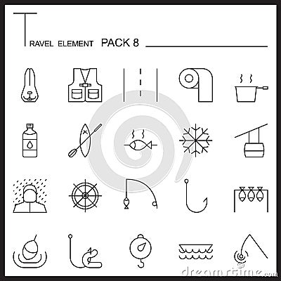 Travel Element Line Icon Set 8.Camping thin icons.Mono pack.Graphic vector logo set. Vector Illustration