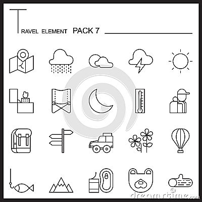 Travel Element Line Icon Set 7.Camping thin icons.Mono pack.Graphic vector logo set. Vector Illustration