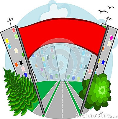 Travel - entry into the city, automobile road, welcome home - houses against the sky Cartoon Illustration