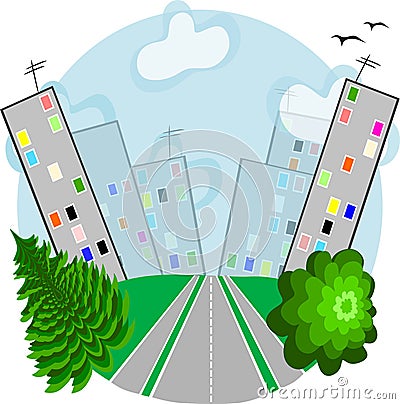 Travel - entry into the city, automobile road, welcome home - houses against the sky Cartoon Illustration