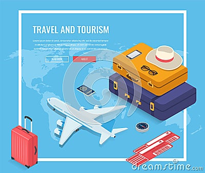 Travel equipment in Isometric style. Travel and tourism concept. Vector Vector Illustration