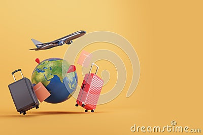 Travel essentials with an airplane circling the globe, indicative of global tourism on a yellow backdrop. Vacation planning. 3D Stock Photo