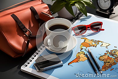 Travel essentials and a coffee cup, embodying the spirit of holiday tourism Stock Photo