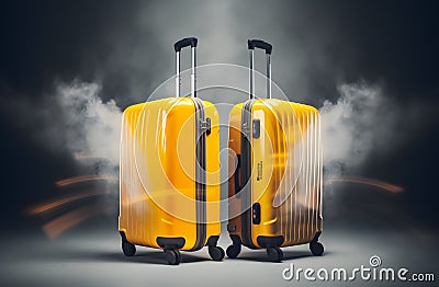 Travel Essentials: Luggage and Airplane at Window Stock Photo