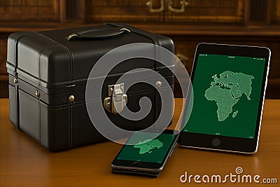 Travel essentials tablets, laptops, smartphones, and money case for on the go convenience Stock Photo