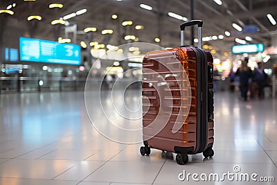 Travel essentials Trolley suitcase in international airport with information board Stock Photo