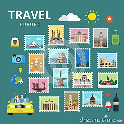 Travel Europe England Italy France Austria Ukraine flat vector Vector Illustration