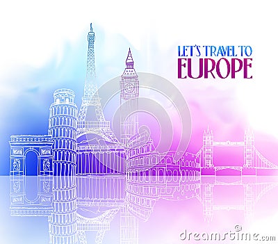 Travel Europe Hand Drawing with Famous Landmarks Vector Illustration