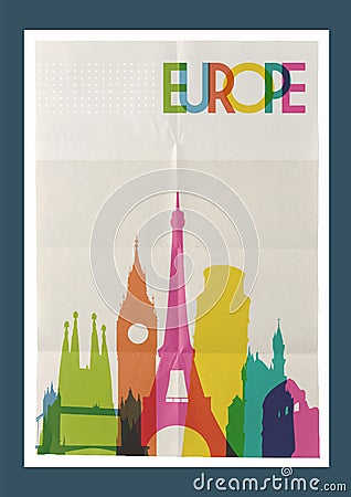 Travel Europe landmarks skyline vintage poster Vector Illustration