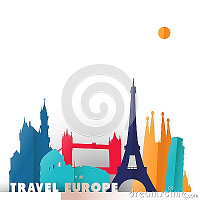 Travel Europe paper cut world monuments Vector Illustration