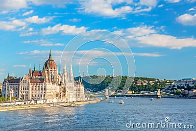 Travel and european tourism concept. Parliament and riverside in Budapest Hungary with sightseeing ships during summer sunny day Stock Photo