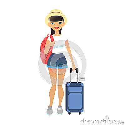 Travel female tourist standing with luggage. Young flat woman wearing casual clothes with baggage at airport. Vector Vector Illustration