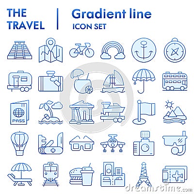 Travel flat icon set, tourism symbols collection, vector sketches, logo illustrations, holiday signs blue gradient Vector Illustration