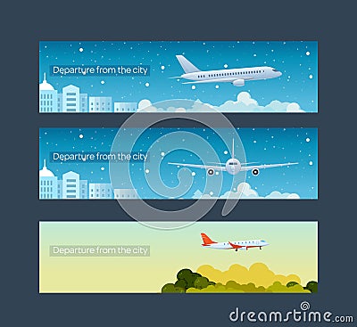 Travel, flight by passenger plane. Departure from the city. Vector Illustration