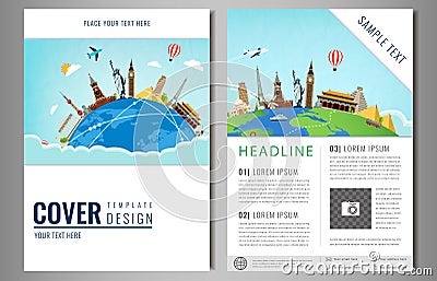Travel flyer design with famous world landmarks. Brochure headline for Travel and Tourism. Vector. Vector Illustration