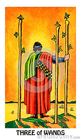 Three of Wands Tarot Card Travel Foreign Lands Growth Moving Forward with Plans Looking to the Future Good Fortune Stock Photo