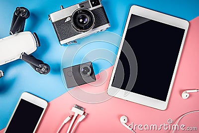 Travel gadgets and object with empty tablet screen Stock Photo