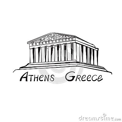 Travel Greece sign. Athens famous landmark building with hand drawn lettering Athens, Greece. Stock Photo