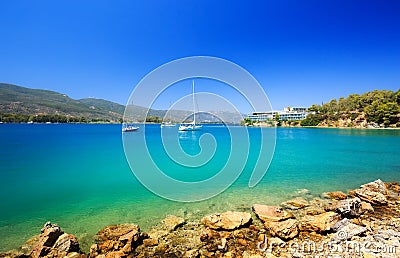 Travel Greece. Spectacular view on one of the most beautiful beaches in Poros Island. Summer holiday Stock Photo