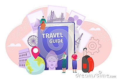 Travel guide book vector illustration. World map, travelers, luggage and worlds famous landmarks. Vacation and Vector Illustration