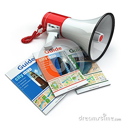 Travel guide books and megaphone on white isolated background. Stock Photo