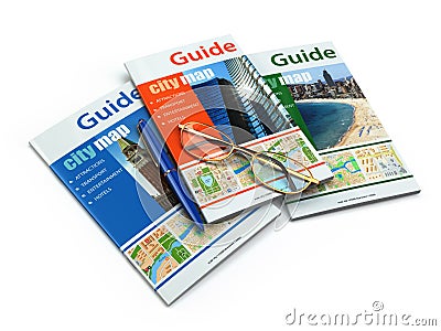 Travel guide books on white isolated background. Stock Photo