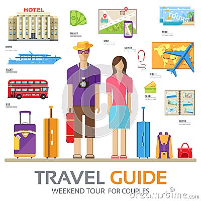 Travel guide infographic with vacation tour locations and items. Tourism with fast travel of the world on a flat design Vector Illustration
