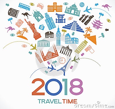 Travel and happy new year 2018 design background with icons and tourism landmarks. Vector Illustration