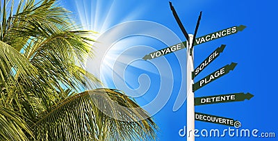 Travel header with palm tree and postsign Stock Photo