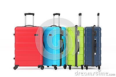 Travel Holiday Vacation Concept. Set of Modern Multicolor Luxury Plastic Gray Suitcases. 3d Rendering Stock Photo