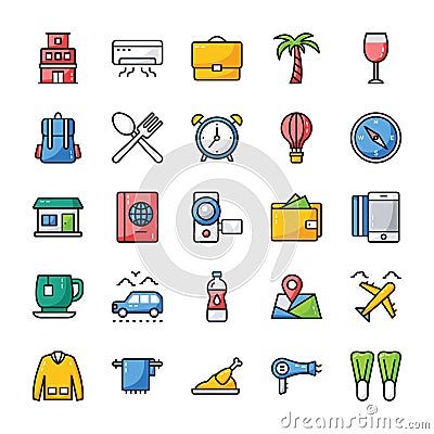 Travel And Hotel Flat Icons Pack Vector Illustration