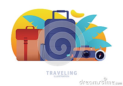 Travel icon concept flat icons set vector illustration, bag, suitcase, camera, compass, bottle Vector Illustration