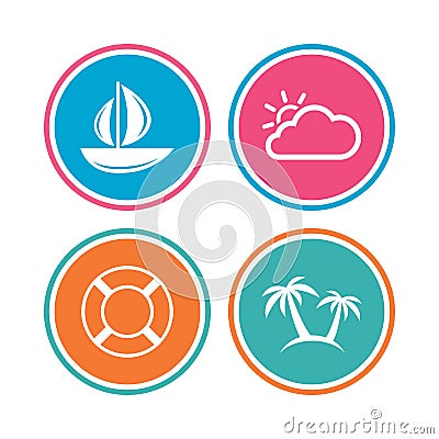 Travel icons. Sail boat with lifebuoy signs. Vector Illustration