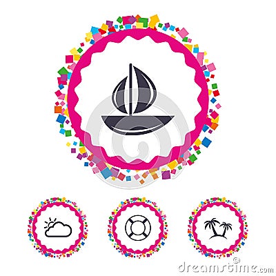 Travel icons. Sail boat with lifebuoy signs. Vector Illustration