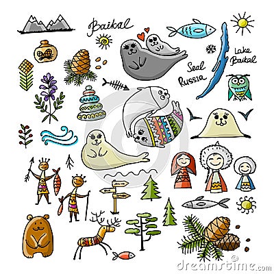 Travel icons set, Baikal, Russia. Sketch for your design Vector Illustration