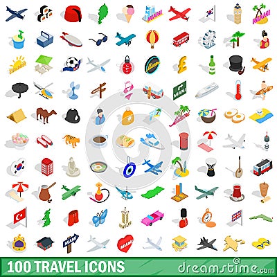 100 travel icons set, isometric 3d style Vector Illustration