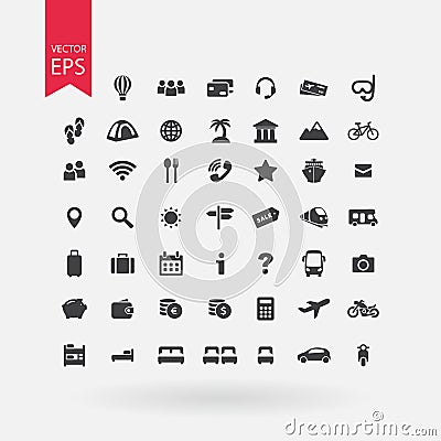 Travel icons set. Tourism signs collection. Vacation symbols on white background. Flat design style. Vector Illustration