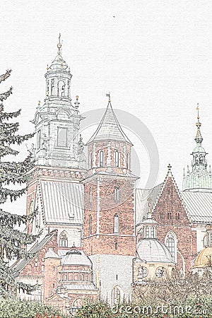 Pencil scetch on canvas. Architecture of the city of Krakow Poland.Travel illustration Cartoon Illustration